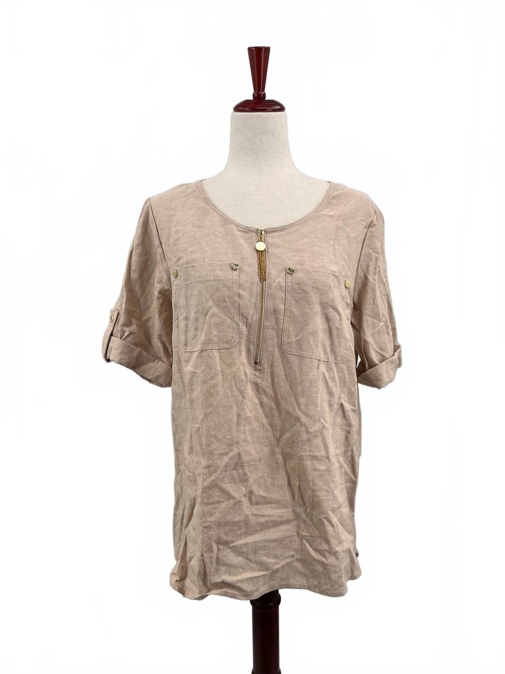 Ann Klein Beige Blouse 1/2 Zip | Womens M